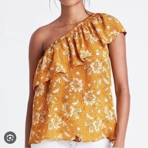 Madewell Silk One Shoulder Ruffle Floral Deep Yellow Blouse